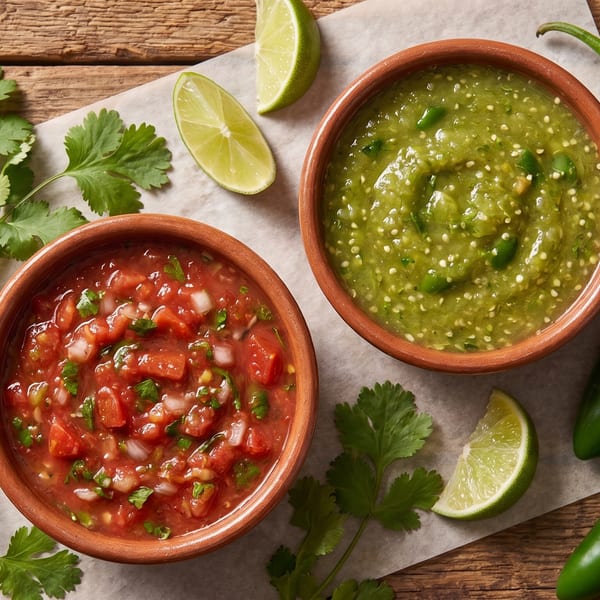 Two bowls of salsa, red and green, with limes, cilantro, and jalapeños on a wooden table.