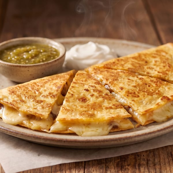 Steaming hot quesadillas with melted cheese, served with green salsa and sour cream on a wooden table.