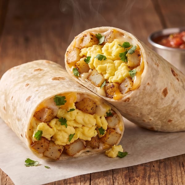 Two steaming breakfast burritos filled with scrambled eggs, potatoes, cheese, and parsley, with salsa and lime.