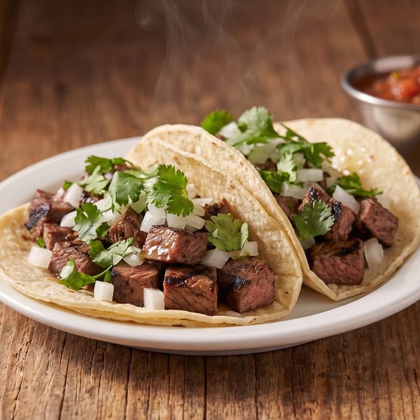 Two steaming steak tacos with onions and cilantro, with salsa and lime on a wooden table.