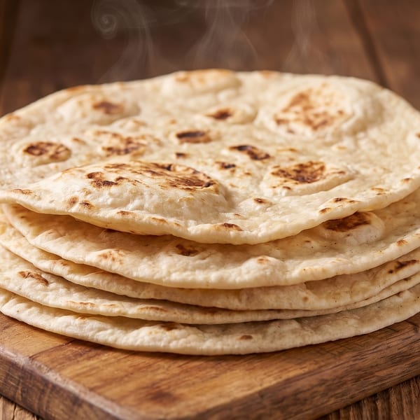 Stack of warm, steaming flatbreads with browned spots on a rustic wooden cutting board.