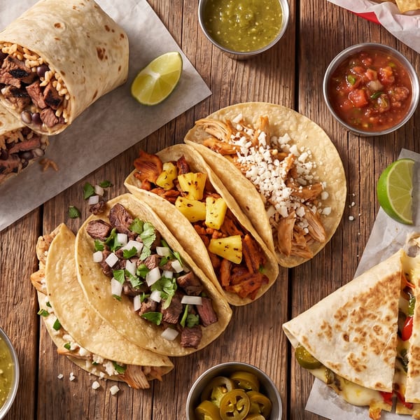 Burrito, tacos, quesadilla, and various dips like salsa and guacamole on a wooden table.